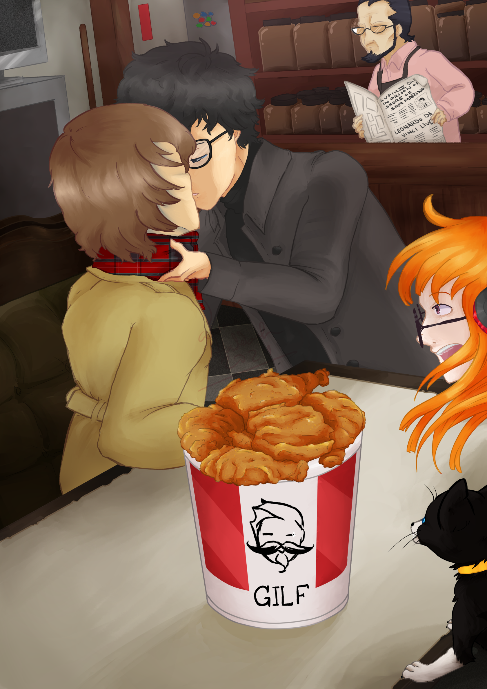 Goro and Joker kissing at a booth in LeBlanc, Morgana and Futaba sitting across from them looking shocked.  There's a bucket of GILF fried chicken on the table and Sojiro is at the counter in the back reading a newspaper.